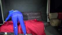 Sexy Sonja changing clothes wearing a sexy blue rainwear combination and preparing her sofa (Video)