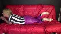 Watching sexy Pia putting on a purple shiny nylon pants of CRAZYSEBSATION and a white/black striped top (Video) 