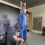 Ms ungeniert tied, gagged, suspended ind a shiny nylon Rainsuit and finally bullwhipped