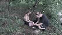 Blonde submissive slave girl  outdoor training - disgusting public feeding experience