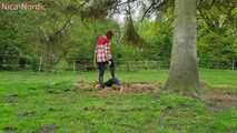 Rubber boot mistress presses slave face into manure