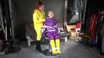 Watching sexy Sandra wearing hot purple shiny nylon rainwear with rubber boots being tied, gagged and hooded from Stella wearing a sexy yellow shiny nylon rainwear with high heels rubber boots (Video)