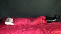 ***NEW MODELL MIA*** wearing a sexy red shiny nylon catsuit and black shiny rubber boots with heels during preparing her bed (Video)