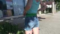 SEXY ***SONJA*** wearing a sexy green shiny nylon shorts under her Jeans walking through the city  (Video)