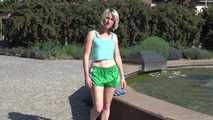 SEXY ***SONJA*** wearing a sexy green shiny nylon shorts under her Jeans walking through the city  (Video)