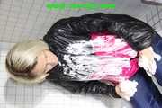 SEXY SONJA wearing a sexy shiny nylon rainwear combination having fun in the bathtub and in the shower (Pics)