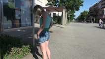 SEXY ***SONJA*** wearing a sexy green shiny nylon shorts under her Jeans walking through the city  (Video)