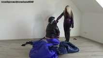 Lady Lana - Equestrienne mistress and her downjacket slave - riding the slave