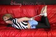 PiA being tied and gagged on a sofa with ropes and a clothgag wearing a sexy lightblue shiny nylon shorts and a white/black striped top Part 1 of 2 (Pics)