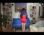 Jill wearing a red shiny nylon shorts and an oldschool rain jacket during cleaning (Video)