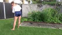 Watching sexy SANDRA wearing a darkblue/white striped  shiny nylon shorts and a top while gardening outdoor (Video)