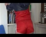 Jill wearing a red shiny nylon shorts and an oldschool rain jacket during cleaning (Video)
