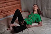 Shibari jute karada in green shirt and black leggings