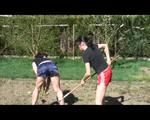 Jill and a friend of her during gardening wearing shiny nylon shorts and tops (Video)