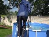 Watch Chloe cleaning the Pool in her shiny nylon Rainwear