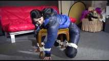*** HOT HOT HOT*** NEW MODELL*** DESTINY wearing a sexy darkblue shiny nylon rainpants and a blue/black down jacket tied and gagged ona stool with ropes and a cloth gag (Video)