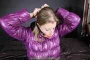 Watch Pia in her shiny nylon Downjacket doing Selfbondage with Handcuffs