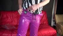 Watching sexy Pia putting on a purple shiny nylon pants of CRAZYSEBSATION and a white/black striped top (Video) 