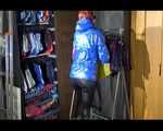 Sonja wearing a sexy black shiny skinny pant and a shiny blue down jacket trying on several shorts (Video)