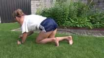 Watching sexy SANDRA wearing a darkblue/white striped  shiny nylon shorts and a top while gardening outdoor (Video)