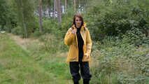 Miss Petra takes a walk in Hunter rain jacket, rain pants and rubber boots (very exclusive set with expensive rain gear)