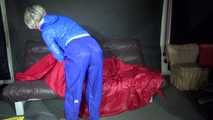 Sexy Sonja changing clothes wearing a sexy blue rainwear combination and preparing her sofa (Video)