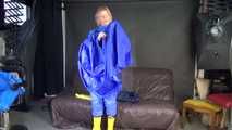 Watching sexy Pia wearing putting on several layers of sexy shiny nylon rainwear (Video)