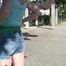 SEXY ***SONJA*** wearing a sexy green shiny nylon shorts under her Jeans walking through the city  (Video)