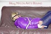 Pia tied and gagged with ropes and a ballgag with eye patches wearing a sexy crazy sensation down pants and a purple down jacket (Pics)