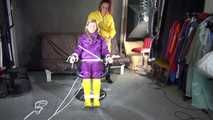 Watching sexy Sandra wearing hot purple shiny nylon rainwear with rubber boots being tied, gagged and hooded from Stella wearing a sexy yellow shiny nylon rainwear with high heels rubber boots (Video)