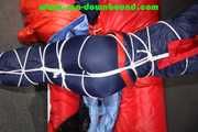 Sonja tied and gagged overhead with ropes and a ballgag wearing a sexy shiny nylon oldschool downbib (Pics)