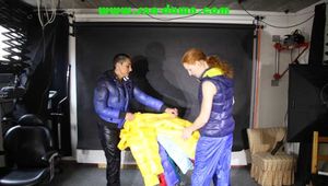 Stella and Ronja having fun in sexy yellow shiny nylon downwear (Pics)