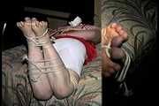25 Yr OLD 2nd GRADE SCHOOL TEACHER IS ROPE HOG-TIED ON BED, BAREFOOT, TOE-TIED, CLEAVE GAGGED, GAG-TALKING AND WEARING A  GRANNY GIRDLE (D74-5)