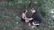 Blonde submissive slave girl  outdoor training - disgusting public feeding experience