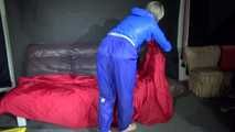 Sexy Sonja changing clothes wearing a sexy blue rainwear combination and preparing her sofa (Video)