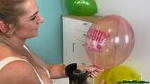 helium overinflating six balloons in white lingerie