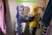 Watching STELLA and SANDRA both wearing shiny nylon rainwear playing with shaving foam and eachother (Pics)