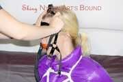 Pia tied and gagged with ropes and a ballgag with eye patches wearing a sexy crazy sensation down pants and a purple down jacket (Pics)