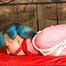 Mara tied and gagged on a princess bed in an old cellar wearing supersexy shiny pink downwear (Pics)