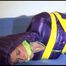 Pia tied, gagged and hooded with tape wearing a blue rain pants and a purple downjacket of Esprit (Video)