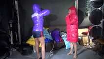 Watching sexy Stella and Sandra wearing a sexy shiny nylon shorts putting on several chiny nylon down jackets (Video)