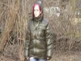 Marlin during a walk wearing shiny nylon down jacket (Video)