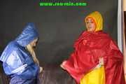 Watching sexy Sandra and Stella putting on several hot shiny nylon rainwear (Pics)