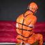 Sexy Pia wearing an oldschool orange shiny nylon rain pants and rain jacket being tied and gagged with belts and a ballgag on a chair (Video)