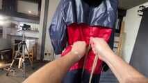 Myxxxy bound and gagged in shiny nylon Rainwear trying to free herself