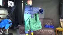 Watching sexy Pia wearing putting on several layers of sexy shiny nylon rainwear (Video)