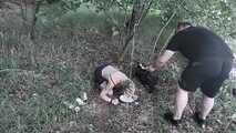 Blonde submissive slave girl  outdoor training - disgusting public feeding experience