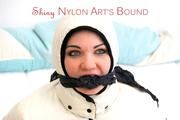 Jill tied, gagged and hooded on a white sofa wearing a supersexy white monclear down jacket and a white rain pants (Pics)