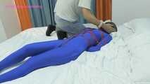 Xiaomeng in Blue Zentai Vacuum Packed and Swim Capped