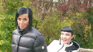 An archive girl tied and gagged by Jill outdoor both wearing shiny down jackets (Pics)